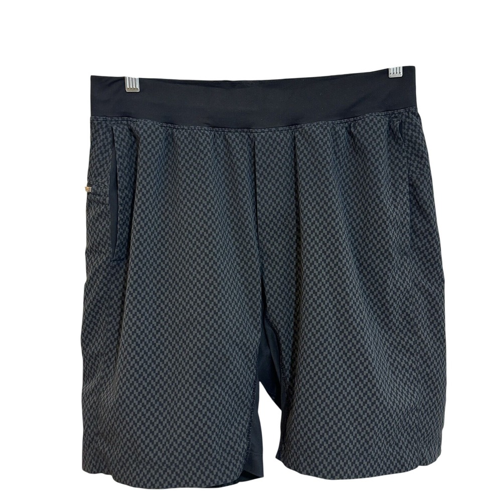 Lululemon Pace Breaker Mens Shorts Black Gray Checkered Geometric Print Size M